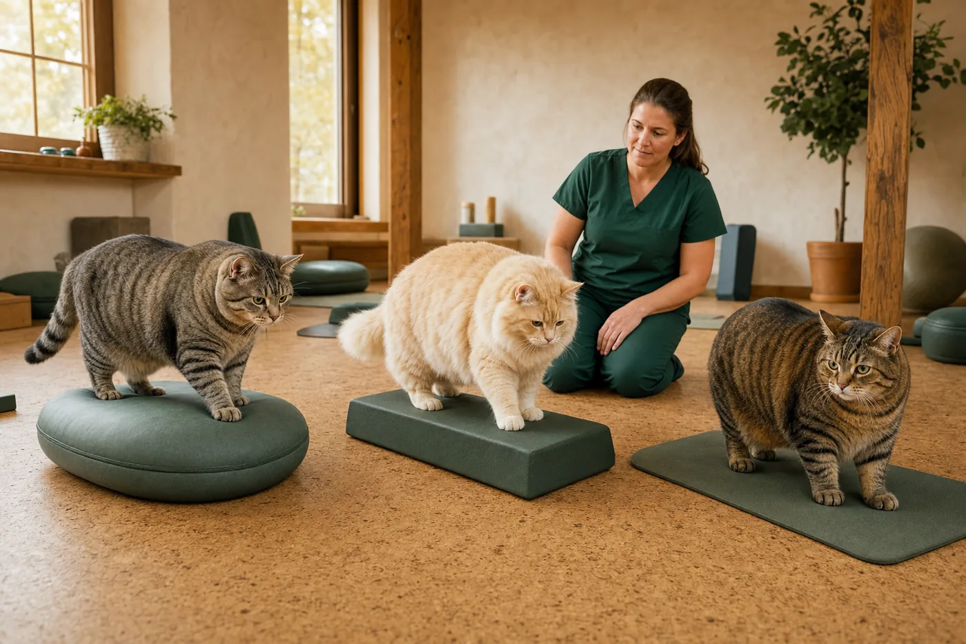 Three large cats completing supervised balance and low-step exercises.