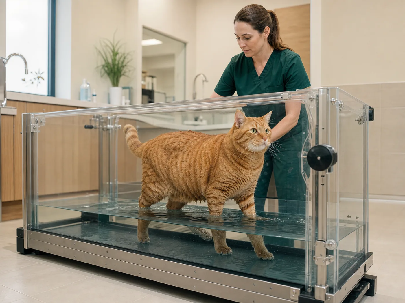 A large orange tabby in a warm-water hydrotherapy treadmill with a clinician.