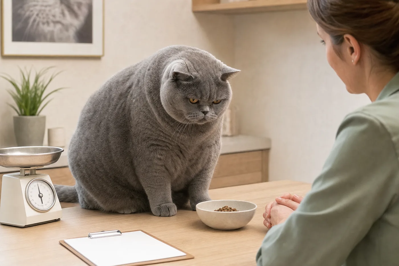 A large gray cat regarding a measured portion of food during a nutrition consultation.