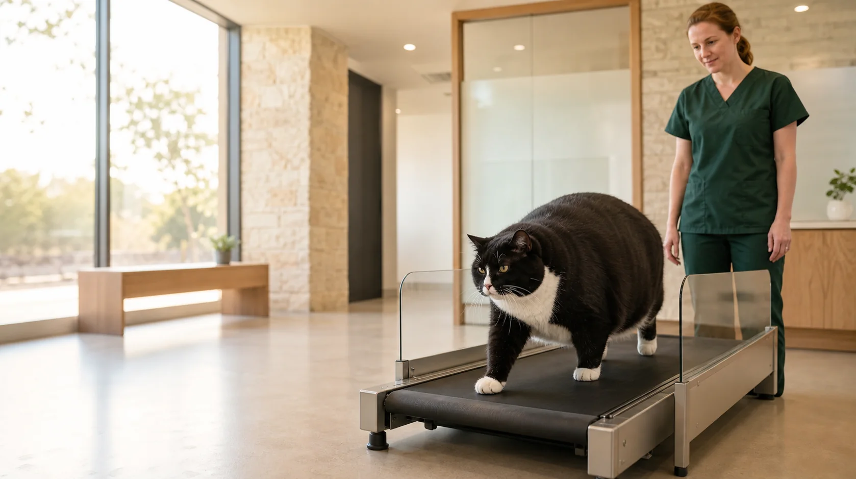 A large tuxedo cat walking on a clinical treadmill while a specialist supervises.